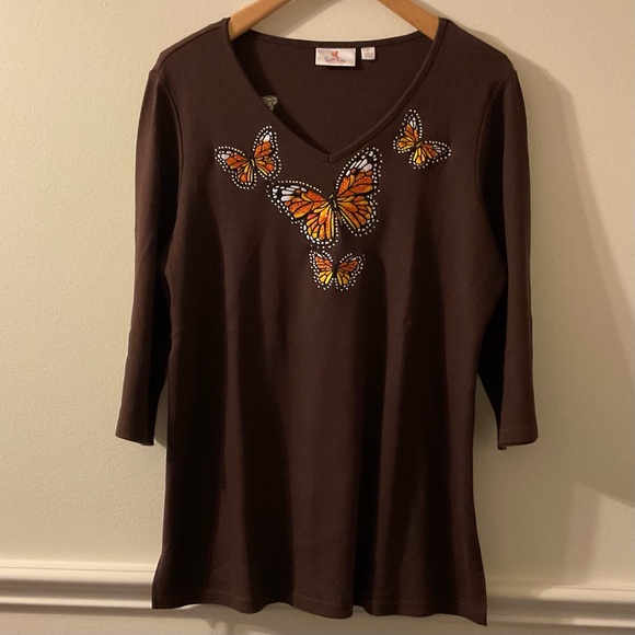 Quacker Factory embroidered Butterfly 3/4 sleeve top L - Picture 2 of 7